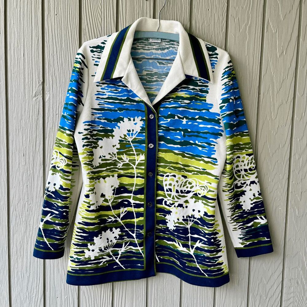 VTG 70s Mod Graphic Print Shirt Jacket Blue Green Artsy Retro Blouse M